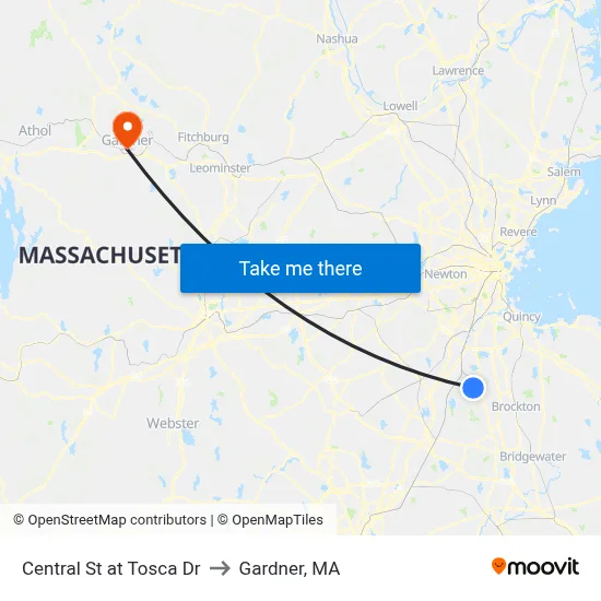 Central St at Tosca Dr to Gardner, MA map