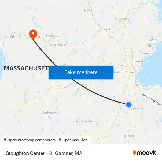 Stoughton Center to Gardner, MA map