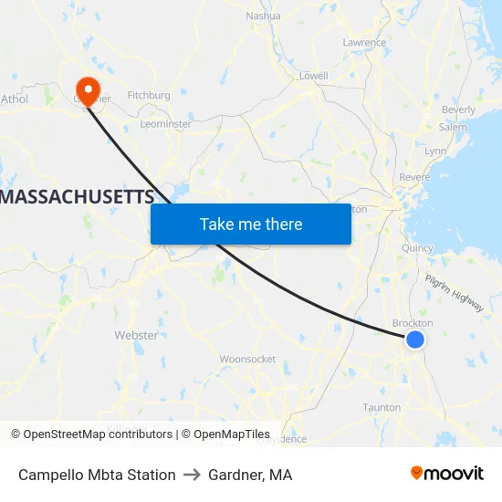 Campello Mbta Station to Gardner, MA map