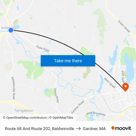 Route 68 And Route 202, Baldwinville to Gardner, MA map