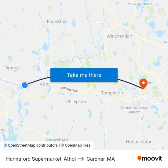 Hannaford Supermarket, Athol to Gardner, MA map