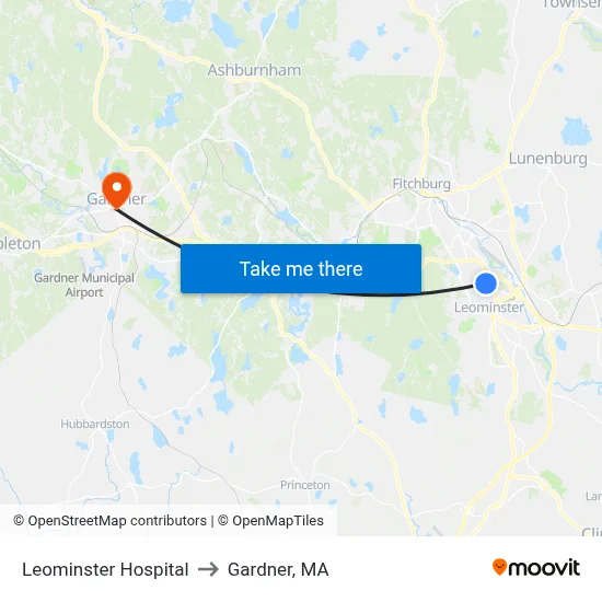 Leominster Hospital to Gardner, MA map