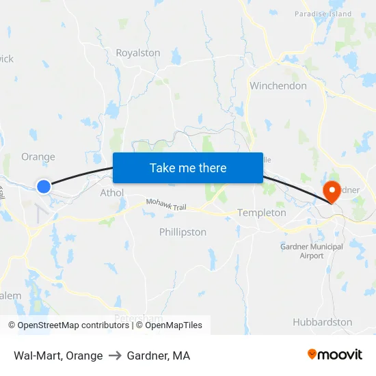 Wal-Mart, Orange to Gardner, MA map