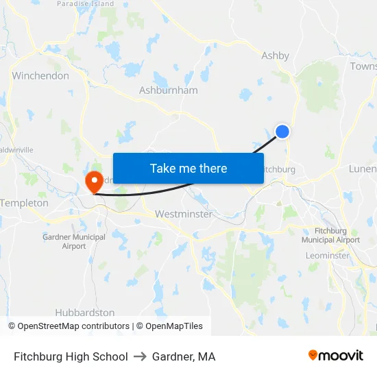 Fitchburg High School to Gardner, MA map