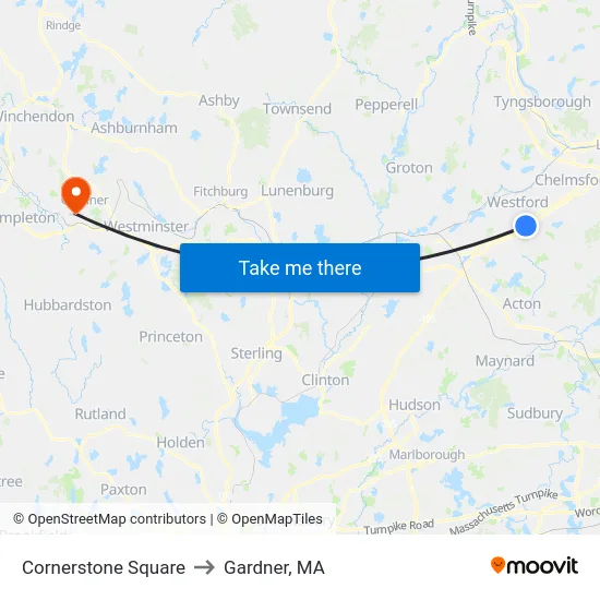 Cornerstone Square to Gardner, MA map