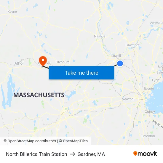 North Billerica Train Station to Gardner, MA map