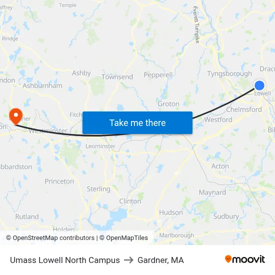 Umass Lowell North Campus to Gardner, MA map