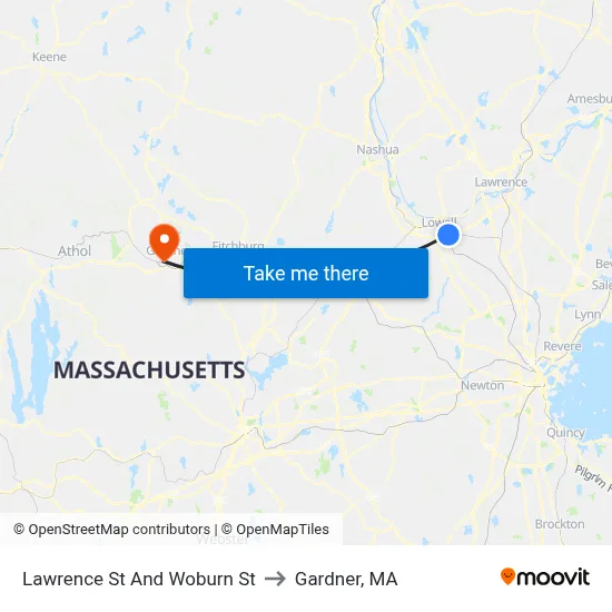 Lawrence St And Woburn St to Gardner, MA map
