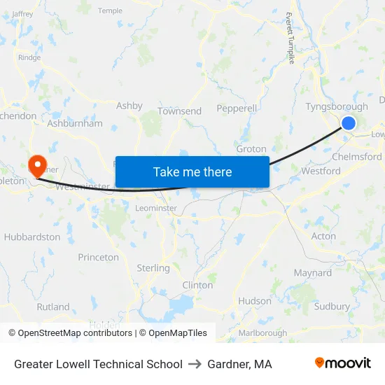 Greater Lowell Technical School to Gardner, MA map