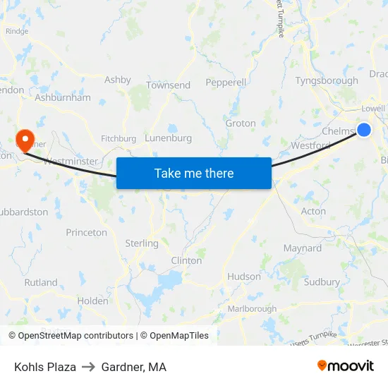 Kohls Plaza to Gardner, MA map