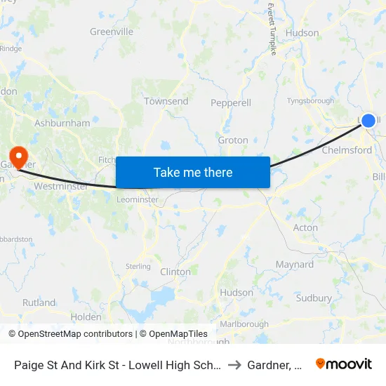 Paige St And Kirk St - Lowell High School to Gardner, MA map