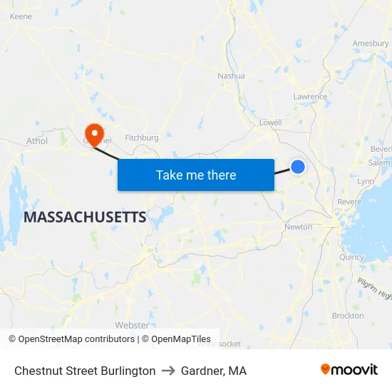 Chestnut Street Burlington to Gardner, MA map