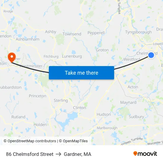 86 Chelmsford Street to Gardner, MA map