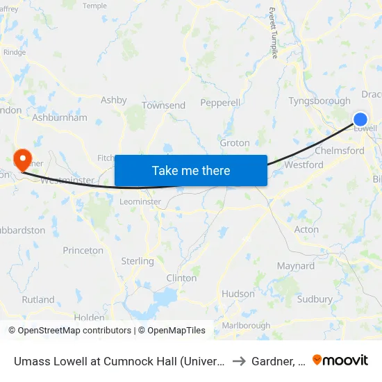 Umass Lowell at Cumnock Hall (University Ave) to Gardner, MA map
