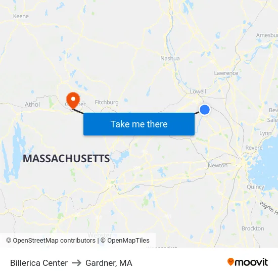 Billerica Center to Gardner, MA map