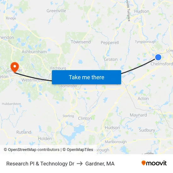 Research Pl & Technology Dr to Gardner, MA map