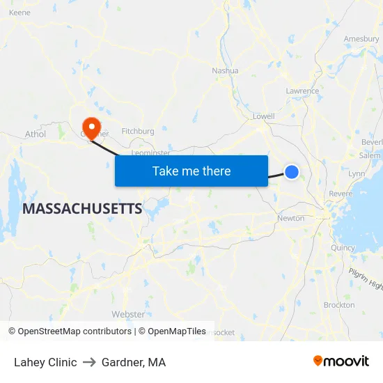 Lahey Clinic to Gardner, MA map