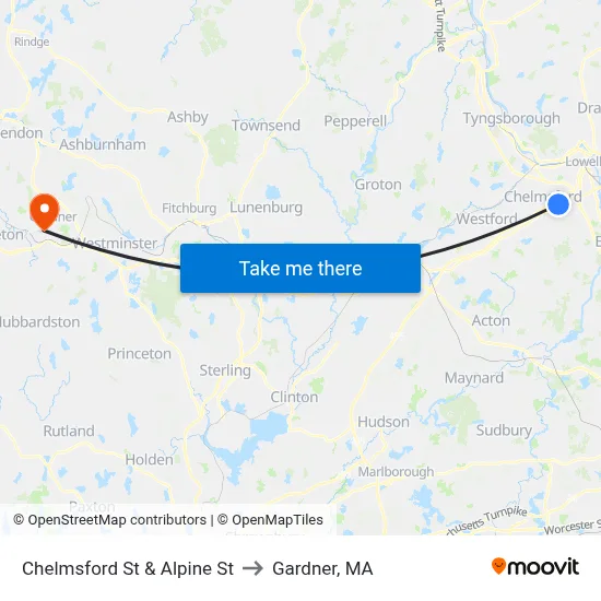 Chelmsford St & Alpine St to Gardner, MA map
