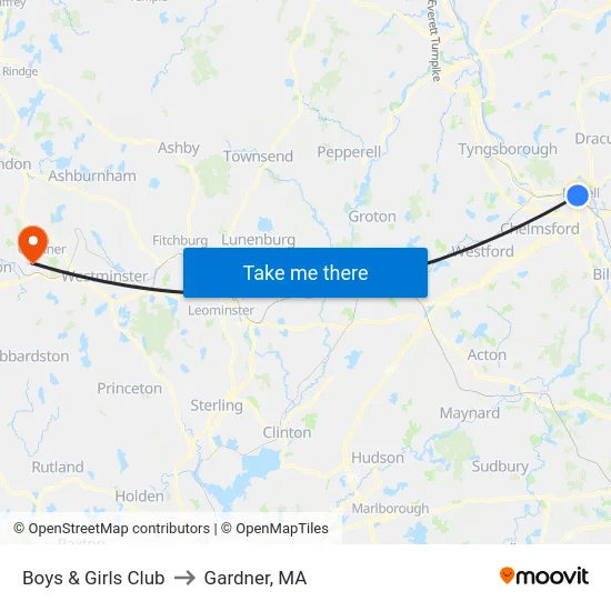 Boys & Girls Club to Gardner, MA map