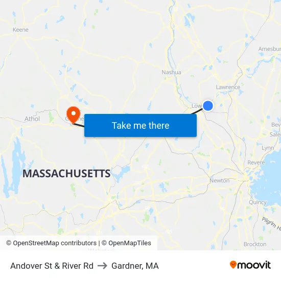 Andover St & River Rd to Gardner, MA map