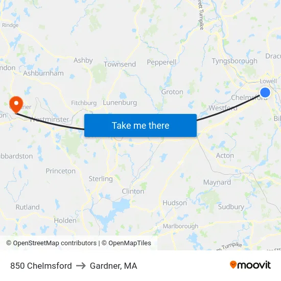 850 Chelmsford to Gardner, MA map