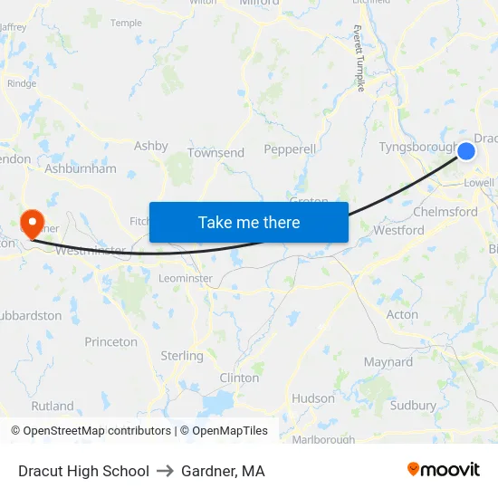 Dracut High School to Gardner, MA map