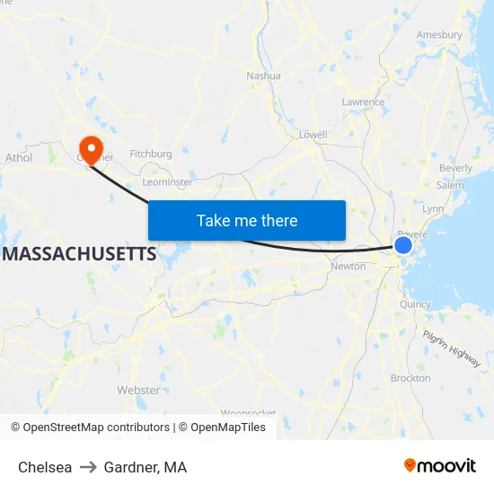 Chelsea to Gardner, MA map