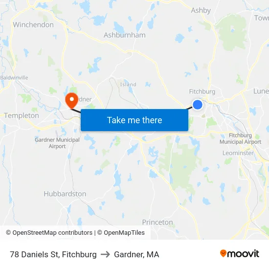 78 Daniels St, Fitchburg to Gardner, MA map