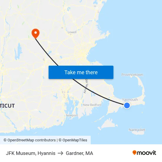 JFK Museum, Hyannis to Gardner, MA map