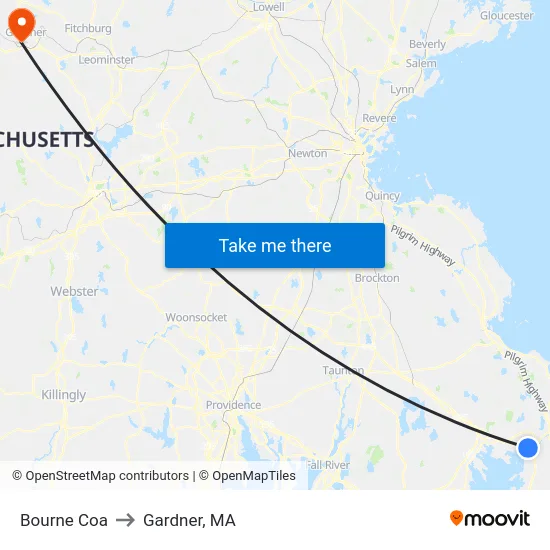 Bourne Coa to Gardner, MA map