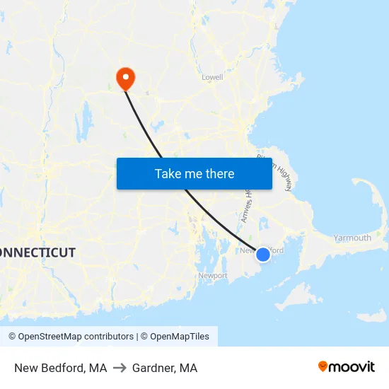 New Bedford, MA to Gardner, MA map