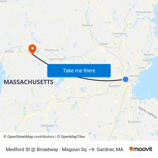 Medford St @ Broadway - Magoun Sq to Gardner, MA map