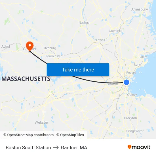 Boston South Station to Gardner, MA map
