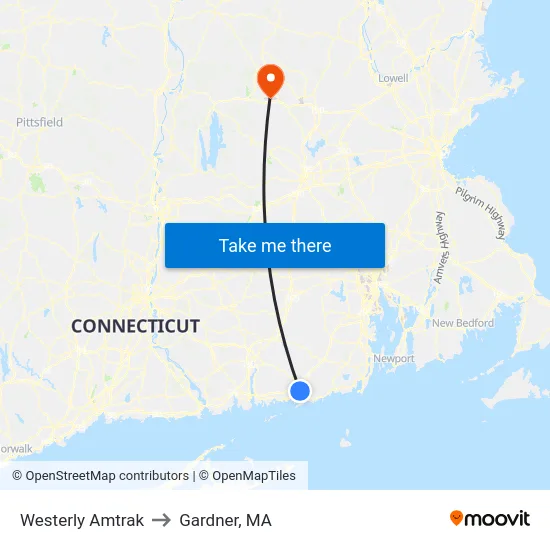 Westerly Amtrak to Gardner, MA map
