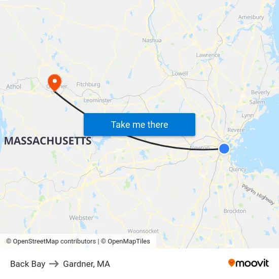Back Bay to Gardner, MA map
