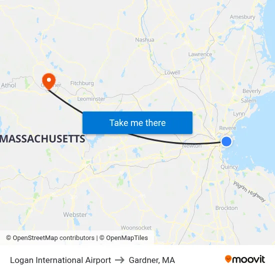 Logan International Airport to Gardner, MA map