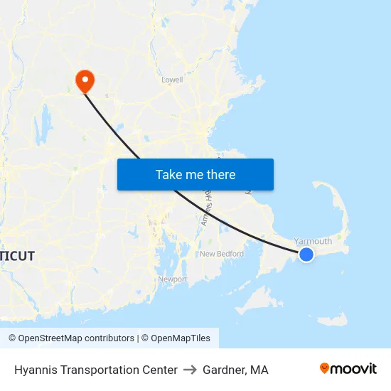 Hyannis Transportation Center to Gardner, MA map