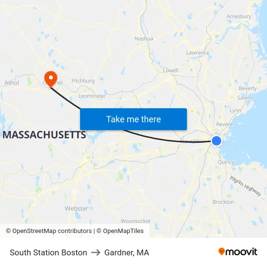 South Station Boston to Gardner, MA map