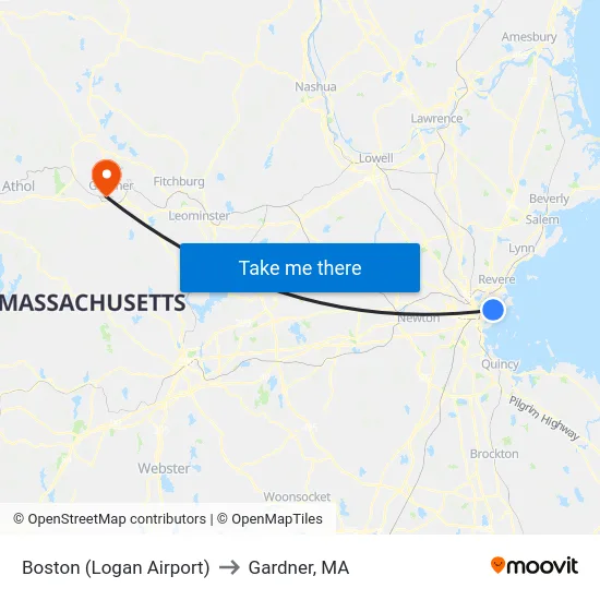 Boston (Logan Airport) to Gardner, MA map