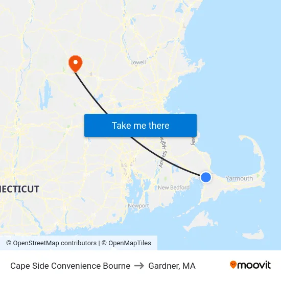 Cape Side Convenience Bourne to Gardner, MA map