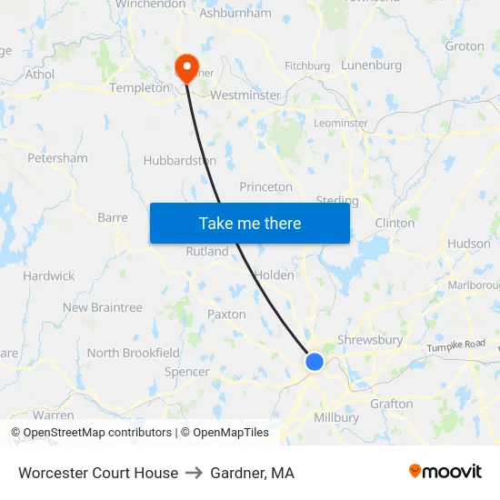 Worcester Court House to Gardner, MA map