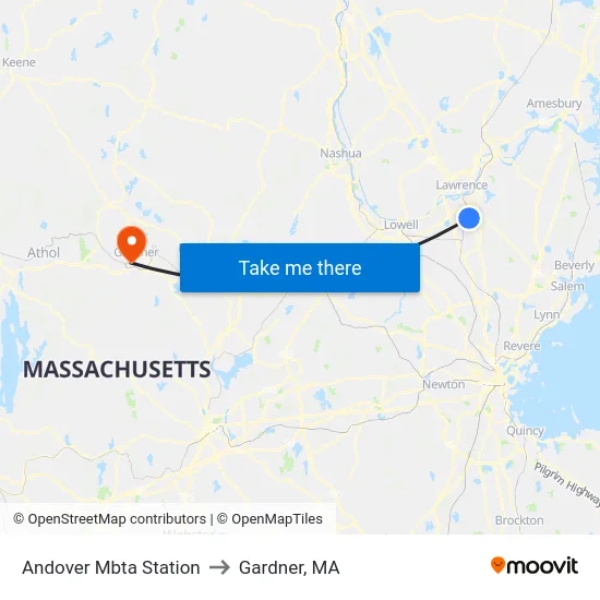 Andover Mbta Station to Gardner, MA map
