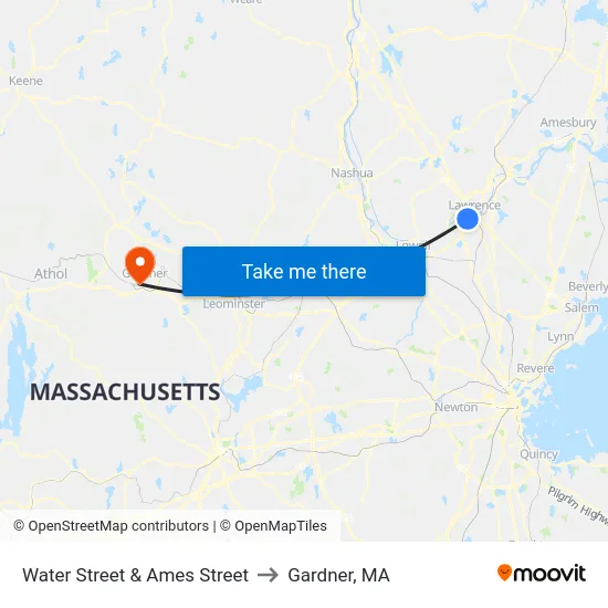 Water Street & Ames Street to Gardner, MA map