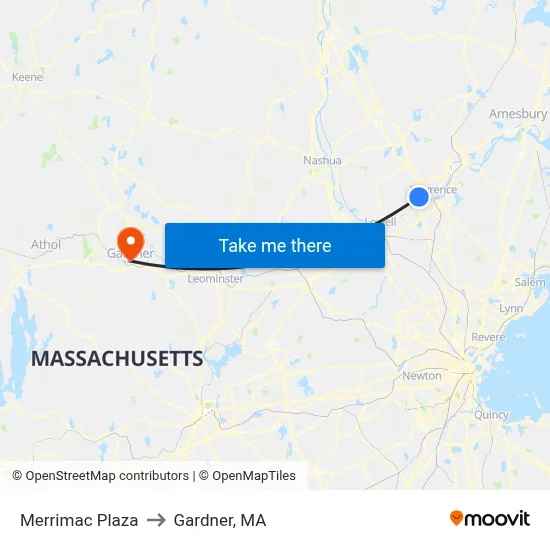 Merrimac Plaza to Gardner, MA map