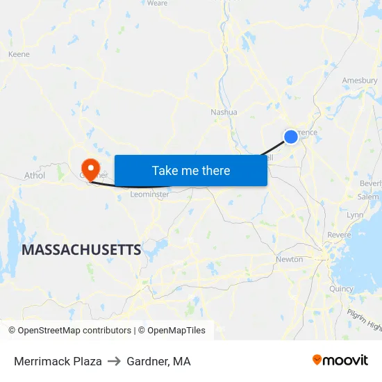 Merrimack Plaza to Gardner, MA map