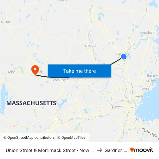 Union Street & Merrimack Street - New Balance to Gardner, MA map