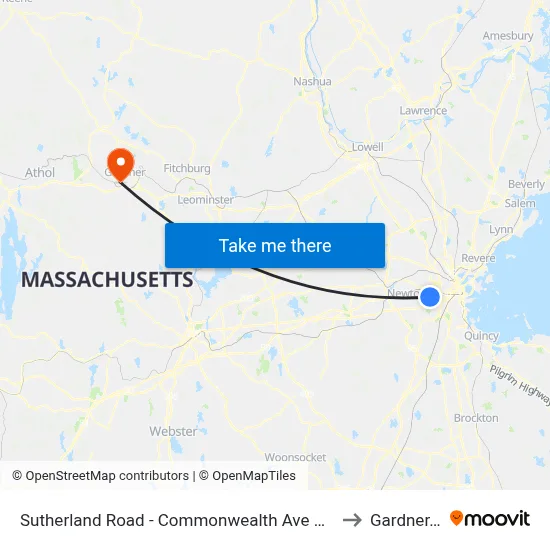 Sutherland Road - Commonwealth Ave @ Colborne Rd to Gardner, MA map