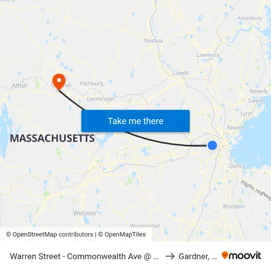 Warren Street - Commonwealth Ave @ Kelton St to Gardner, MA map