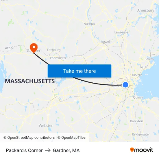 Packard's Corner to Gardner, MA map