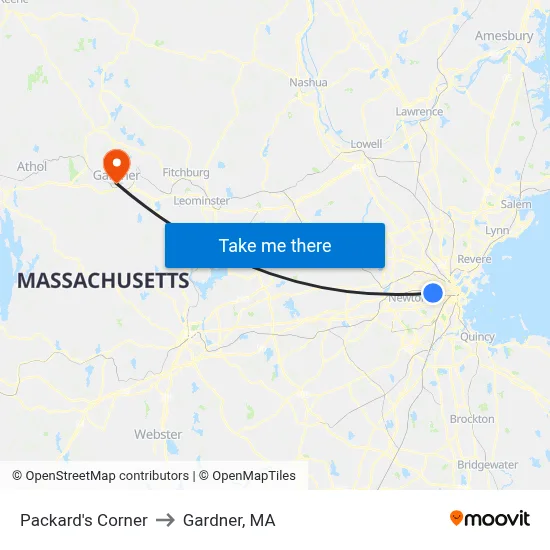 Packard's Corner to Gardner, MA map